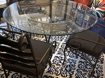 Wrought Iron Dining Set with Round Glass Top Table and 4 Chairs
