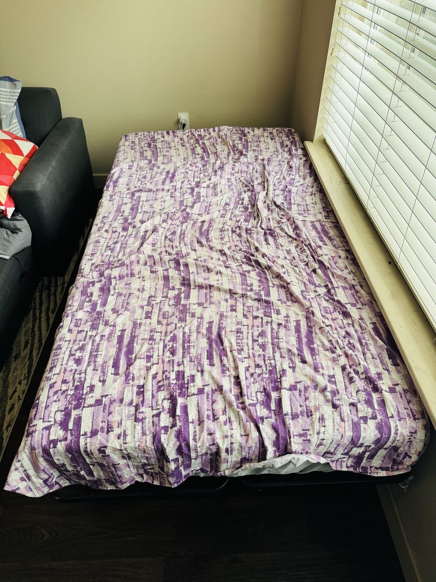 Used Twin Size Mattress and Bed Frame Set - Purple Cover Included