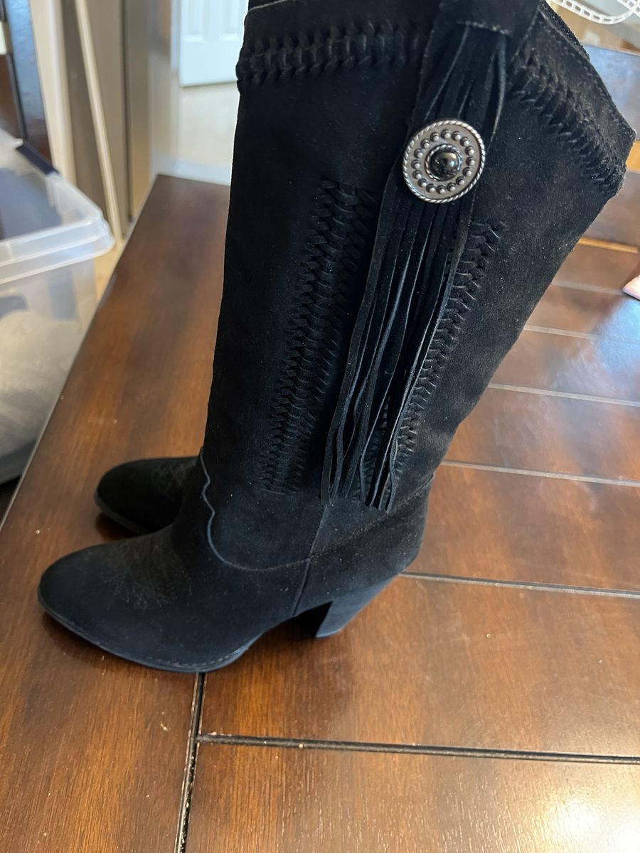Reba Black Suede Fringe & Concho Western Style Mid-Calf Boots - Women's Size 6