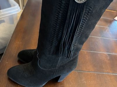 Reba Black Suede Fringe & Concho Western Style Mid-Calf Boots - Women's Size 6