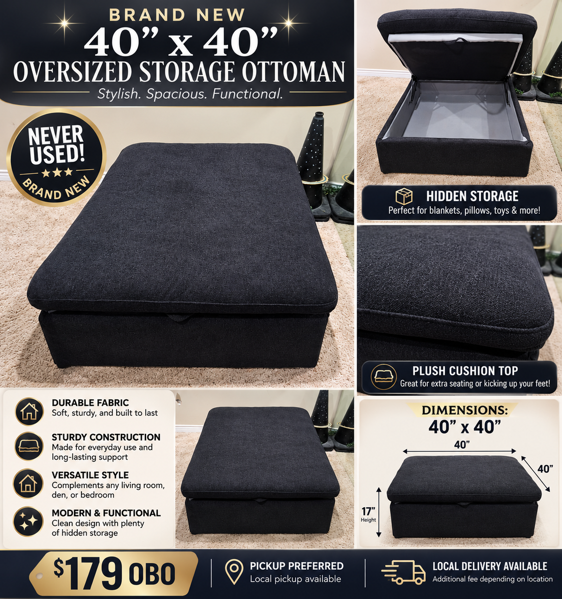 Brand new 40" x 40" Oversized Storage Ottoman