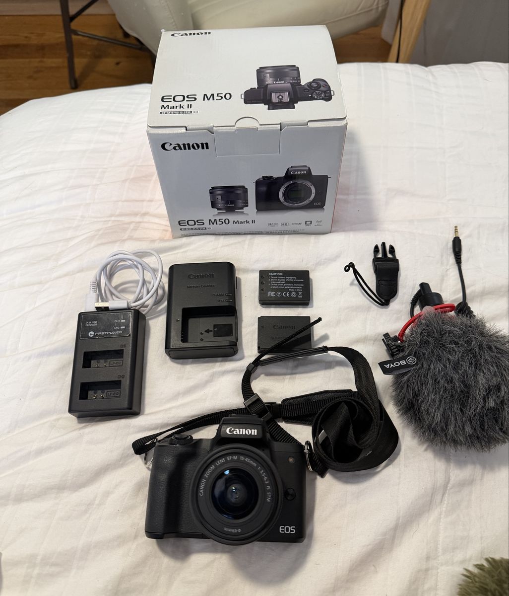 Canon EOS M50 Mark II Mirrorless Camera Bundle + 15-45mm Lens + Extra Batteries/Charger