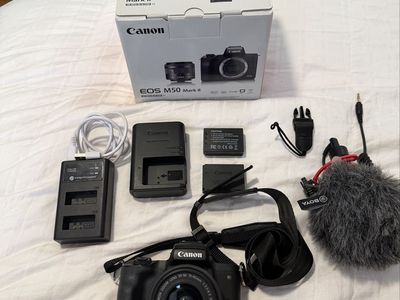 Canon EOS M50 Mark II Mirrorless Camera Bundle + 15-45mm Lens + Extra Batteries/Charger