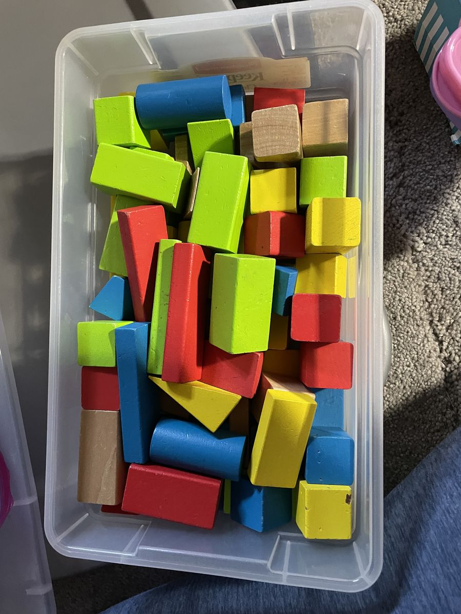 Classic Wooden Building Blocks Set - Assorted Shapes & Colors in Storage Bin