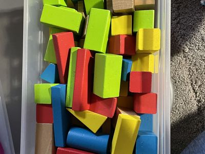 Classic Wooden Building Blocks Set - Assorted Shapes & Colors in Storage Bin
