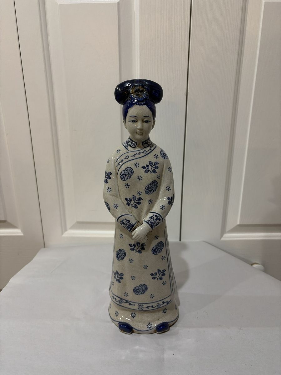 Vintage 16 inch tall Blue and White Ceramic Figurine Asian Woman Statue Collectible Decor