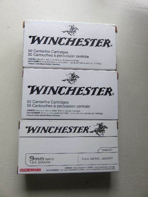 3 BOXES OF 50 EACH WINCHESTER 9MM 124 GRAIN AMMO - SELLING AS A SINGLE LOT