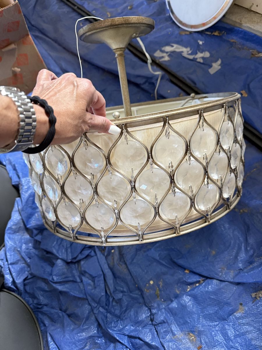 Chandelier Drum Light Fixture with Beaded Crystals and Champagne Finish