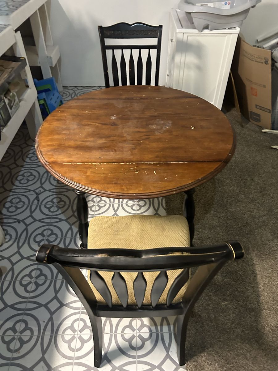 Vintage Drop Leaf Dining Table with 2 Chairs - Solid Wood, Black & Brown