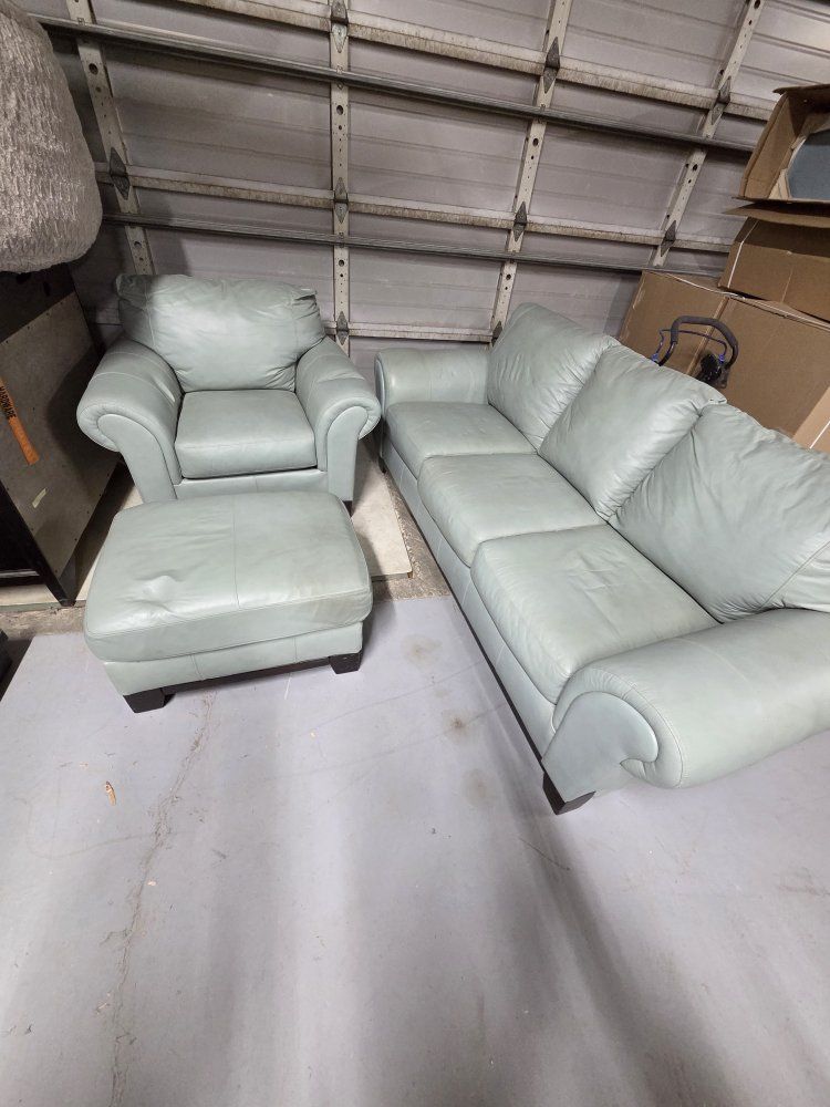 Ashley Furniture Light Blue Leather Sofa, Armchair, and Ottoman Set - Comfortable Living Room Furniture