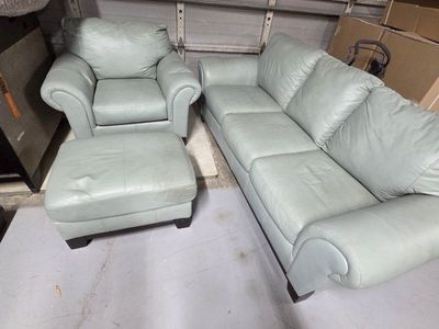 Ashley Furniture Light Blue Leather Sofa, Armchair, and Ottoman Set - Comfortable Living Room Furniture