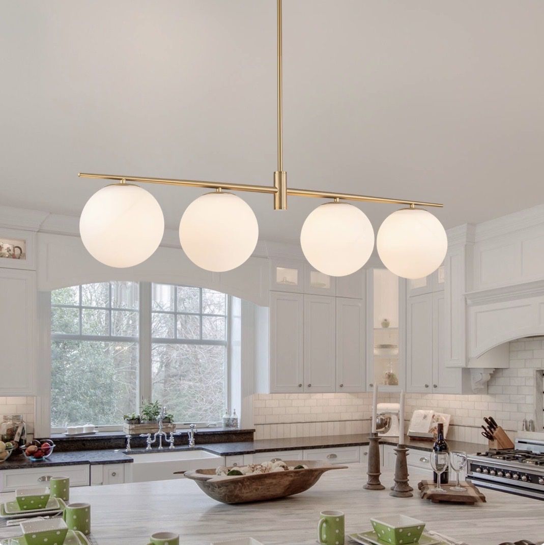 Modern Gold Linear Chandelier with 4 Frosted Glass Globe Lights - Contemporary Kitchen Island Pendant