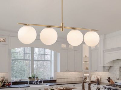 Modern Gold Linear Chandelier with 4 Frosted Glass Globe Lights - Contemporary Kitchen Island Pendant