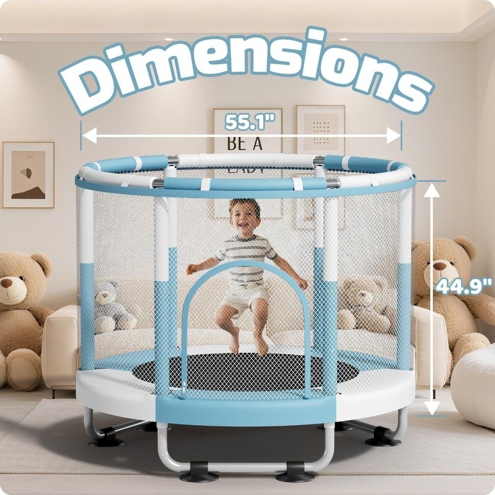 NEW! Indoor Mini Trampoline for Kids - 55.1" x 44.9" - Safety Enclosure Net - Blue/White