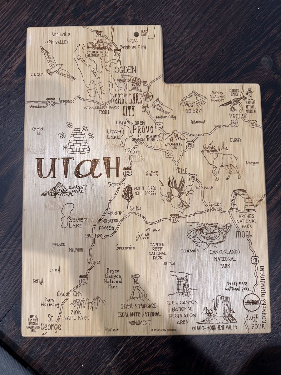 Totally Bamboo Utah State Shaped Serving & Cutting Board - Laser Engraved Map, Large