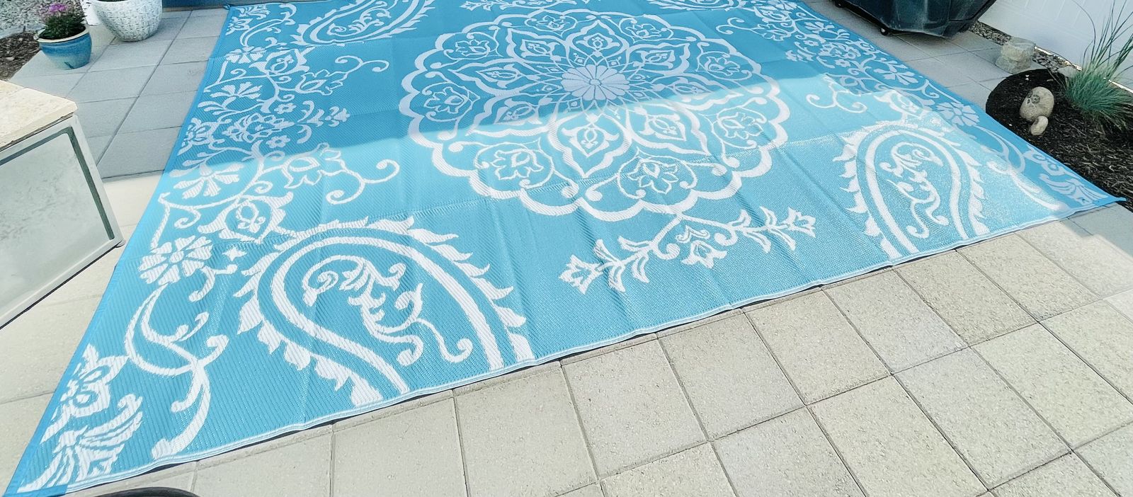 New Pauwer 9’ x 12’ Boho Teal Reversible Foldable Plastic Straw Outdoor Patio, RV Camp Rug, Waterproof -$65