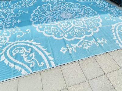 New Pauwer 9’ x 12’ Boho Teal Reversible Foldable Plastic Straw Outdoor Patio, RV Camp Rug, Waterproof -$65
