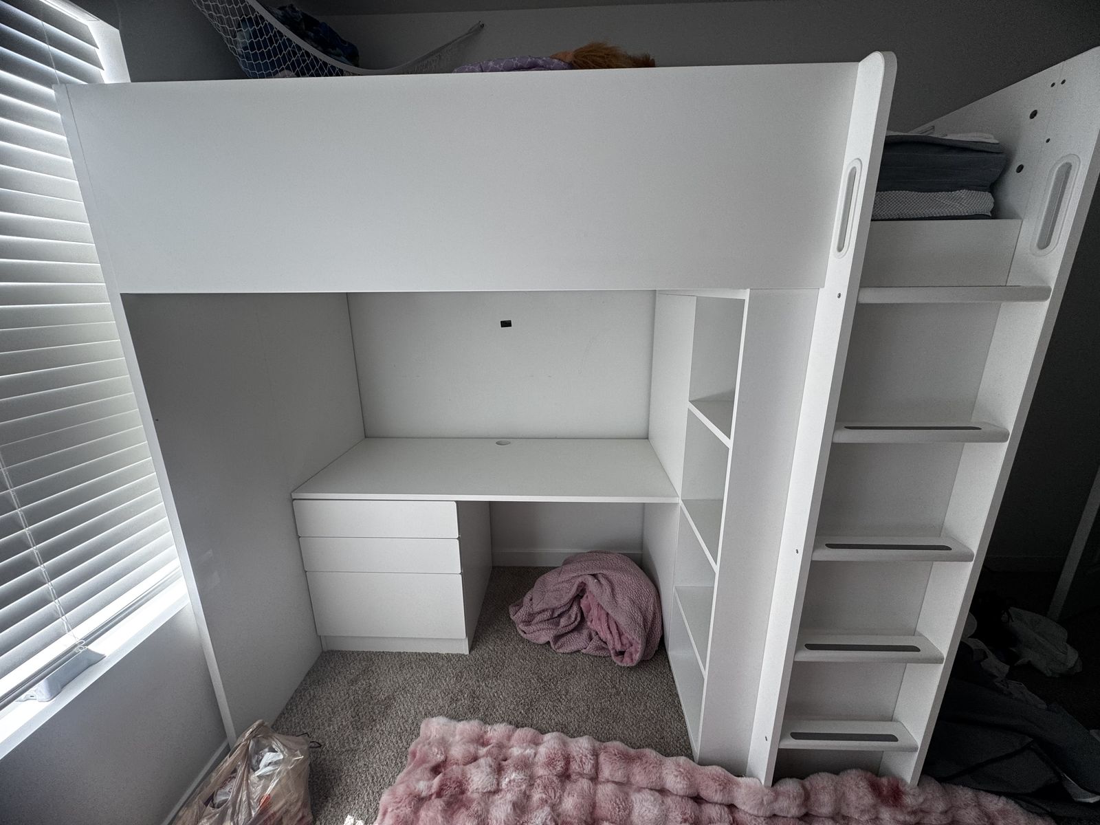 White Loft Bed with Desk, Storage, and Wardrobe - Ideal for Kids/Teens