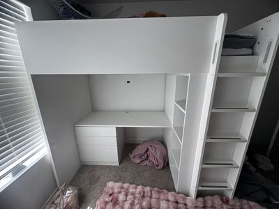 White Loft Bed with Desk, Storage, and Wardrobe - Ideal for Kids/Teens