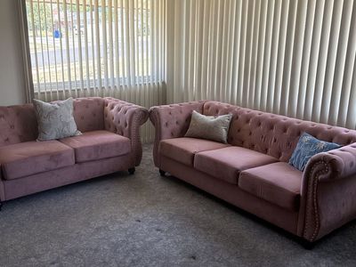 Pink Velvet Tufted Chesterfield Sofa & Loveseat Set with Nailhead Trim