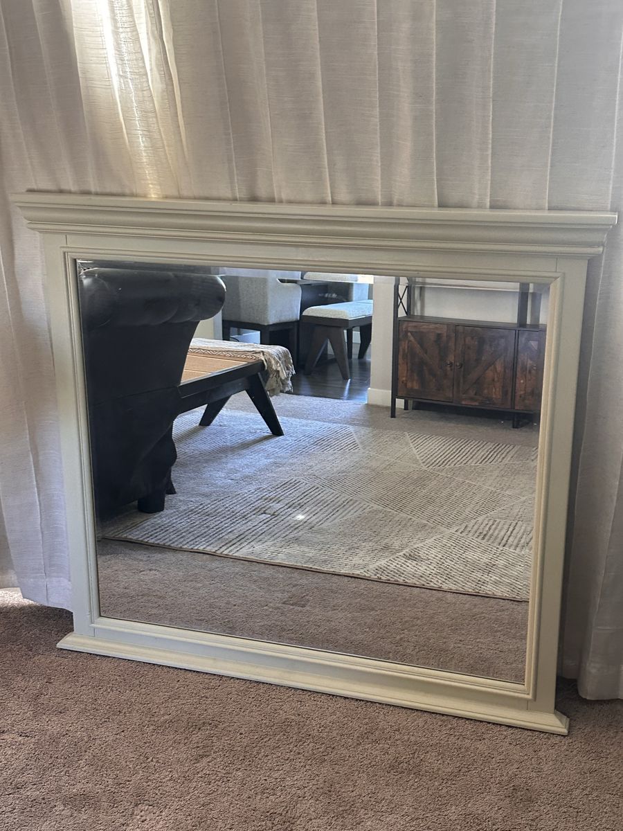 Large White Wooden Mantel Mirror with Crown Molding