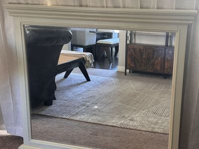 Large White Wooden Mantel Mirror with Crown Molding