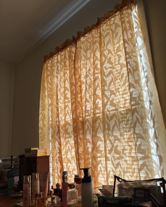 Sheer Gold Curtains with Leaf Pattern – Like New
