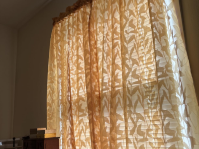 Sheer Gold Curtains with Leaf Pattern – Like New