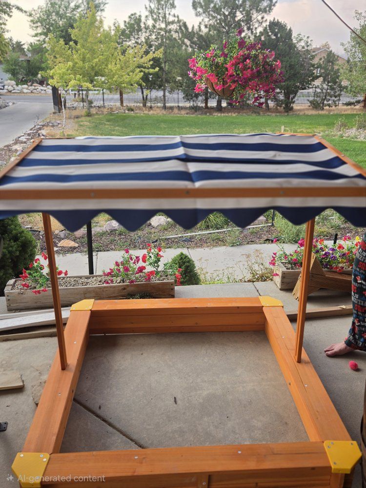 Turtleplay 46" Wooden Sand Box w/ Adjustable Canopy - Large Outdoor Cedar Sandbox for Kids