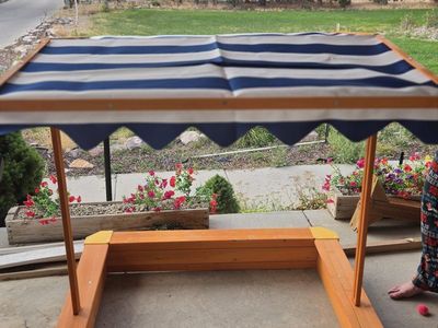 Turtleplay 46" Wooden Sand Box w/ Adjustable Canopy - Large Outdoor Cedar Sandbox for Kids
