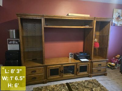 Large Wooden Entertainment Center TV Stand with Glass Shelves and Storage