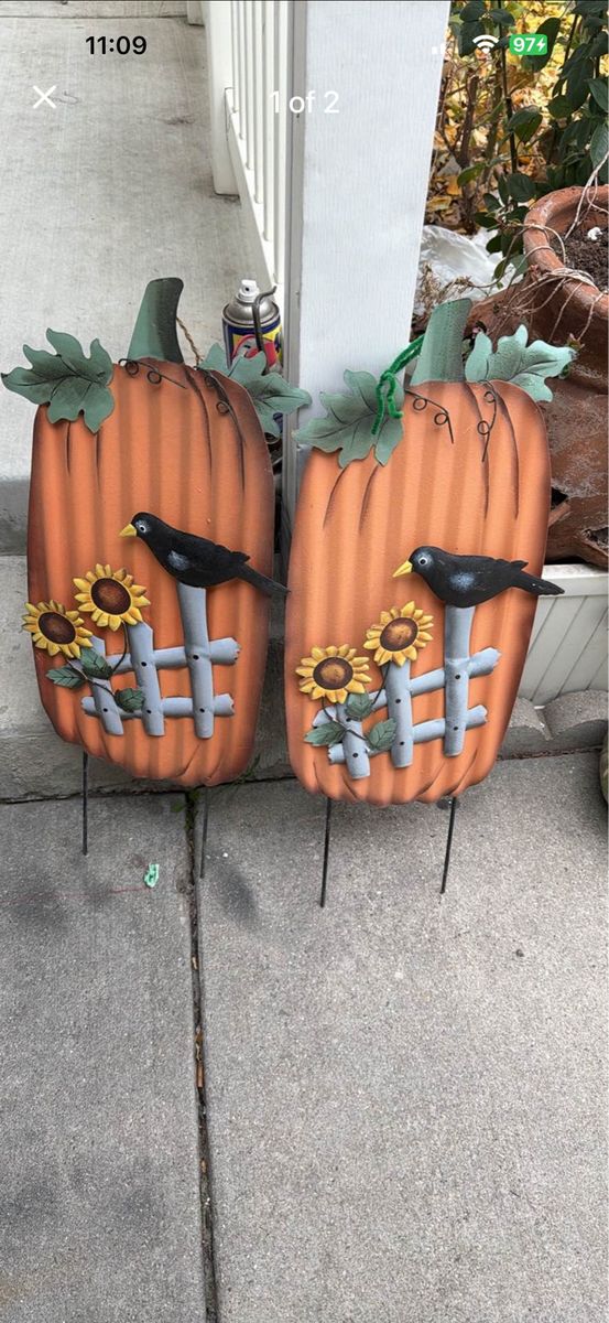 Set of 2 Metal Pumpkin Garden Stakes with Crows and Sunflowers