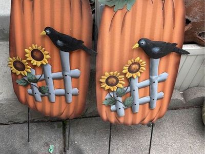 Set of 2 Metal Pumpkin Garden Stakes with Crows and Sunflowers