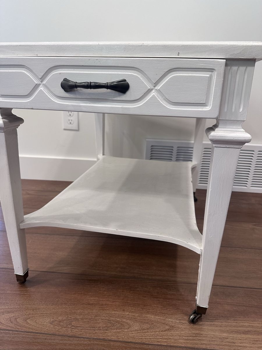 Vintage White End Table with Drawer & Casters - Small Accent Furniture Side Table