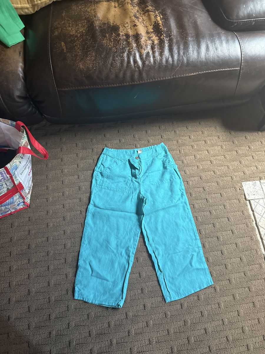 Aqua Blue Linen Blend Cropped Wide-Leg Pants