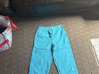 Aqua Blue Linen Blend Cropped Wide-Leg Pants