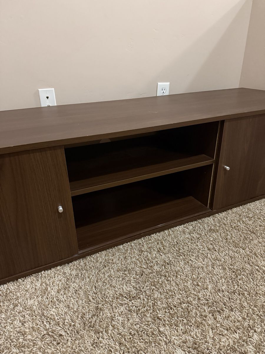 Dark Wood TV Stand & Vertical Shelf Set - Entertainment Center Storage Solution
