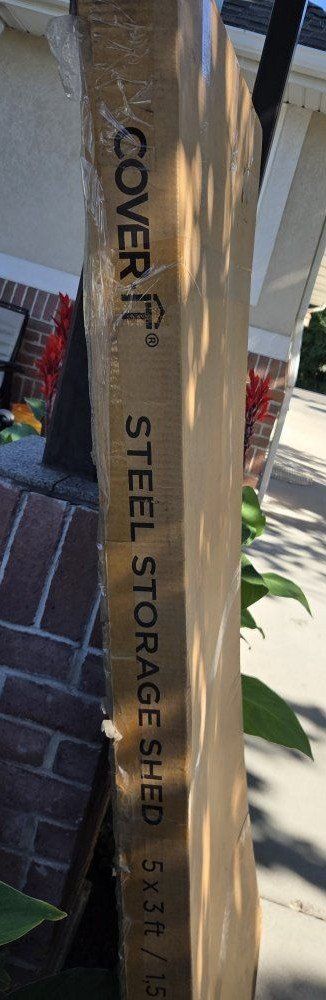 cover it brand 5 x 3 steel shed.
new in the box. 
