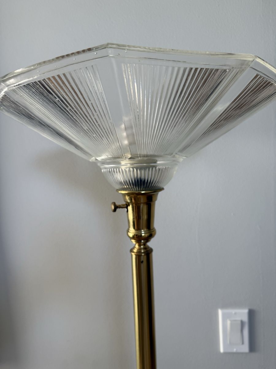 Vintage Brass Floor Lamp with Frosted Glass Uplight Shade - Classic Design