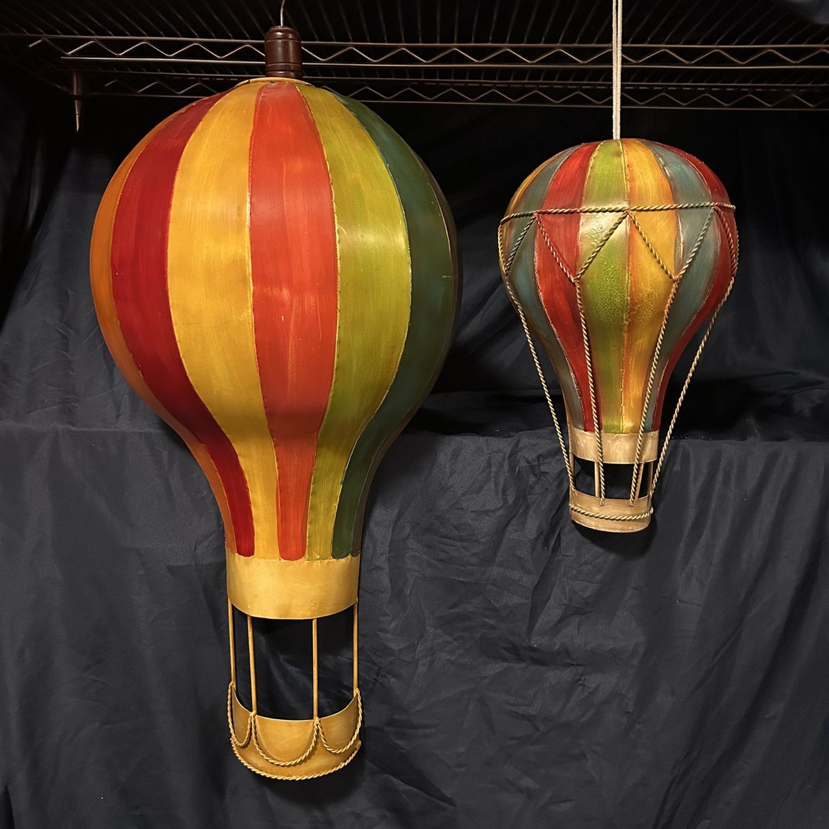 2 Vintage Hot Air Balloon Metal Wall Hanging sculptures - Colorful Striped Design, Whimsical Home Decorations