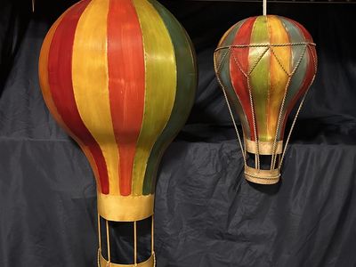 2 Vintage Hot Air Balloon Metal Wall Hanging sculptures - Colorful Striped Design, Whimsical Home Decorations
