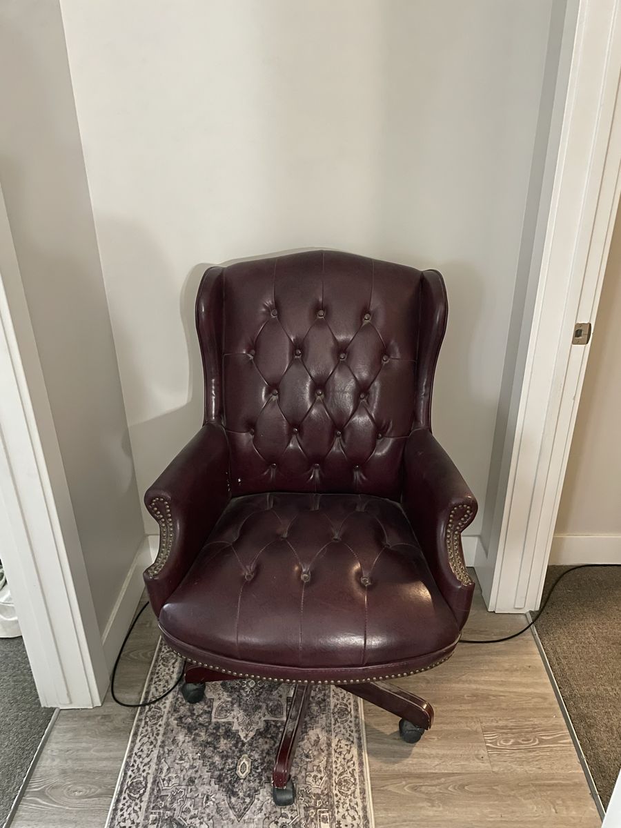Vintage Style Burgundy Leather Wingback Tufted Office Chair with Casters & Nailhead Trim