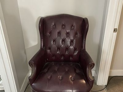 Vintage Style Burgundy Leather Wingback Tufted Office Chair with Casters & Nailhead Trim