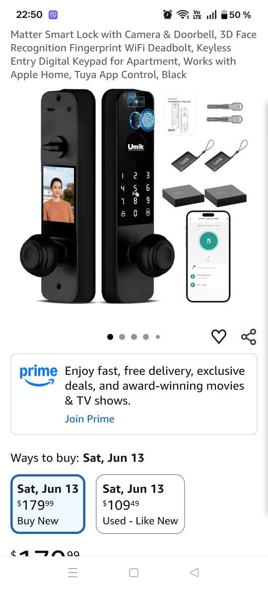 Matter Smart Lock with Camera & Doorbell, 3D Face Recognition Fingerprint WiFi Deadbolt, Keyless Entry Digital Keypad for Apartm