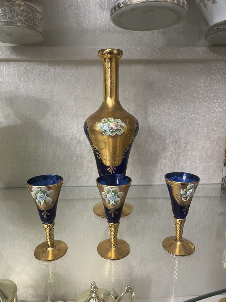VENETIAN MURANO COBALT BLUE DECANTER AND 3 GLASSES