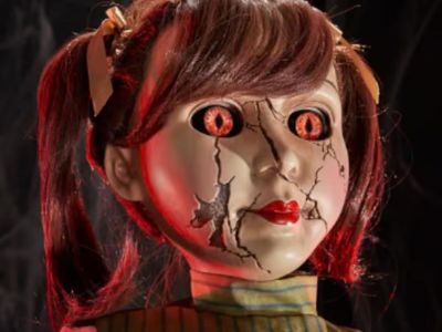 Halloween Creepy Possessed Penny Doll Bear Animatronic Gravestone Cemetery Statue Collectible Yard Home Decor Decoration Prop