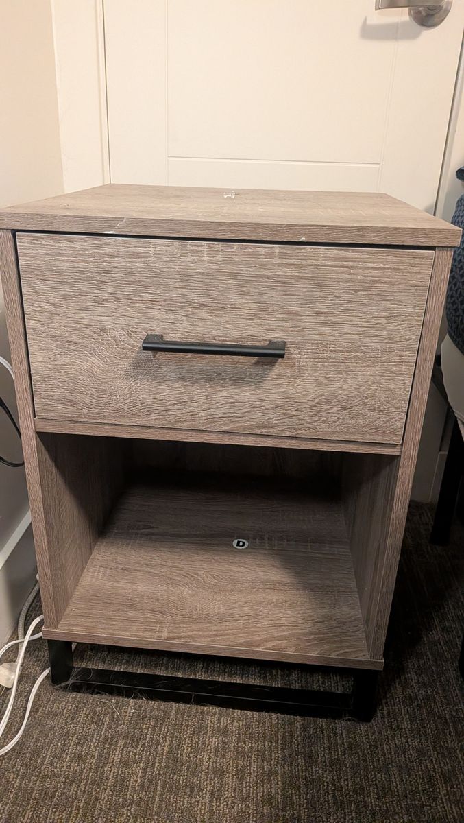 Gray Wood-Look Nightstand with Drawer and Open Shelf