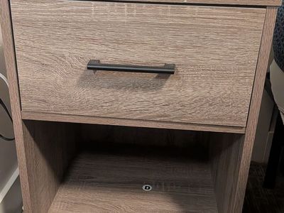 Gray Wood-Look Nightstand with Drawer and Open Shelf