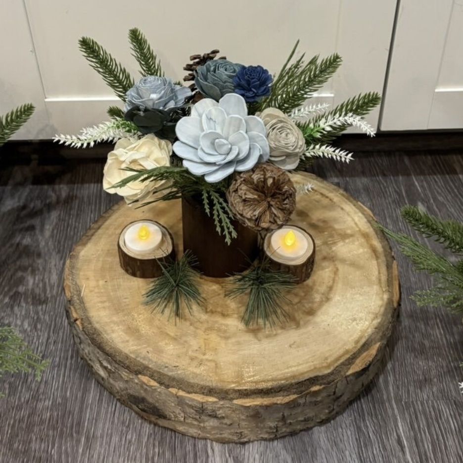 Rustic Wood Slice Centerpiece with Sola Wood Flowers, Pinecones set of 7