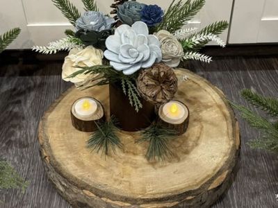 Rustic Wood Slice Centerpiece with Sola Wood Flowers, Pinecones set of 7